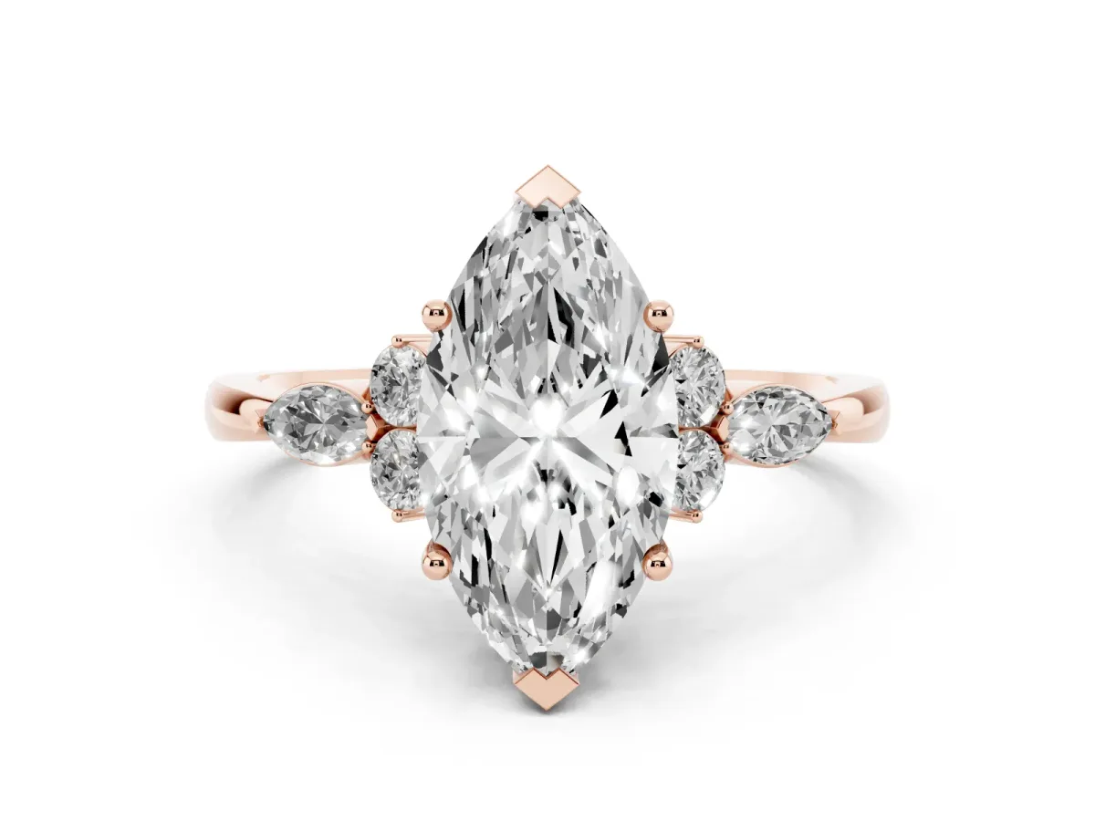 Marquise Cut Brilliant Diamond Solitaire Ring with Pear Side Stones and Four-Prong Setting Rose gold