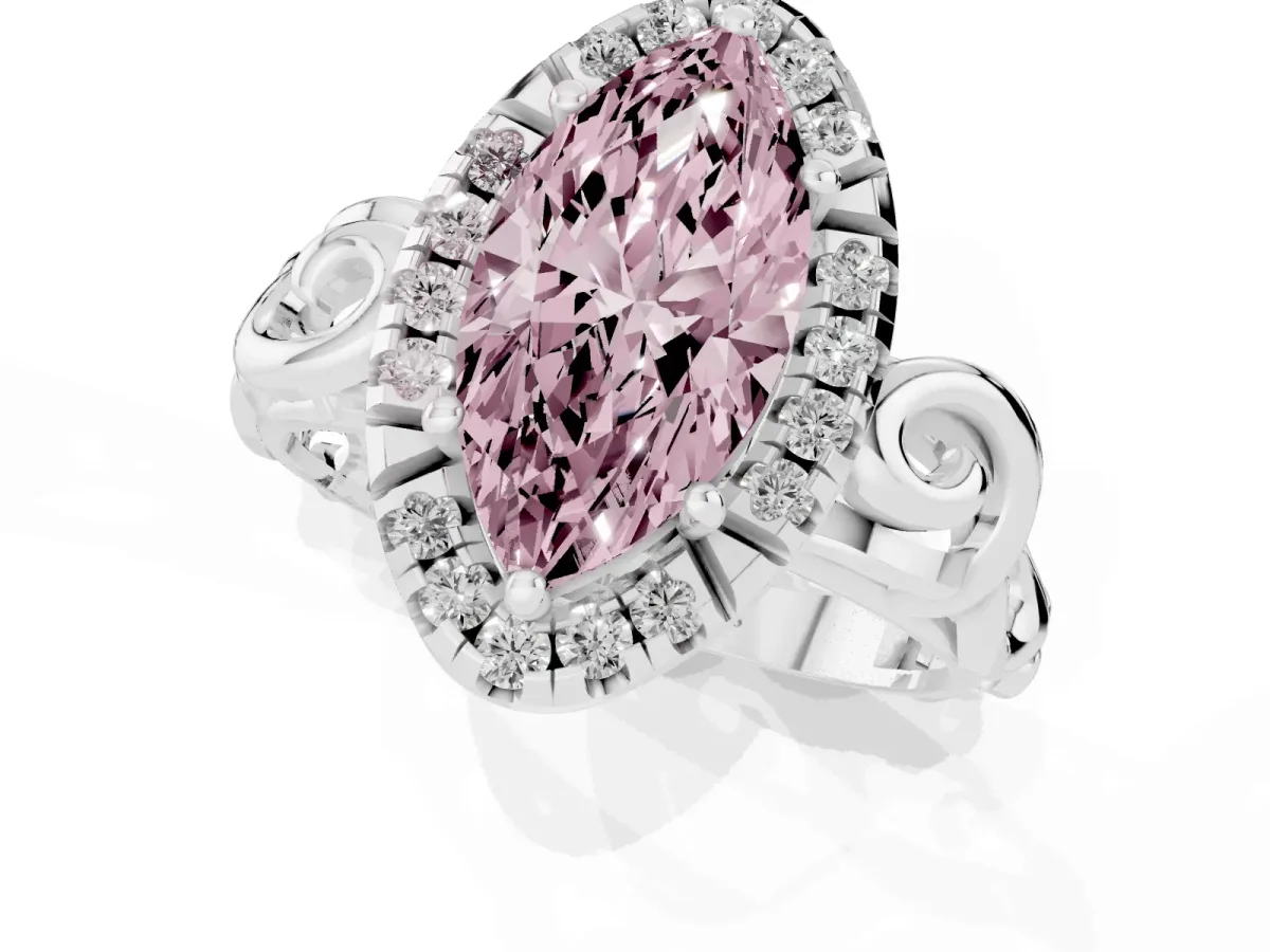 Fancy Pink Marquise Cut Cut Halo Diamond Ring with Scrollwork Band and Four-Prong Setting Silver