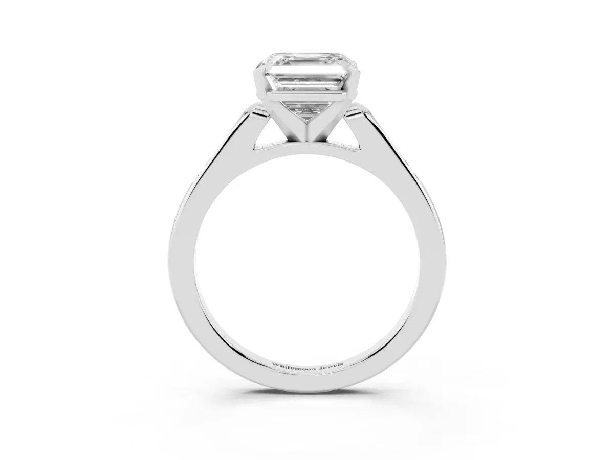 Asscher Cut Diamond Solitaire Ring with Channel Set Round Band and Prong Setting Silver