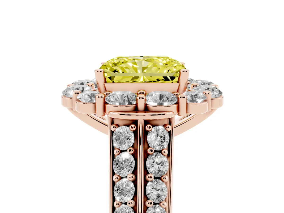 Fancy Yellow Radiant Cut Halo Diamond Engagement Ring with Split Shank and Prong Setting Rose gold