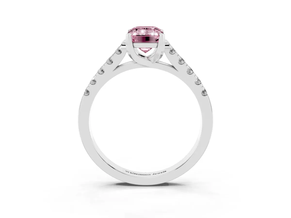 Fancy Pink Emerald Cut Diamond Pavé Band Solitaire Ring with Prong Setting Platinum