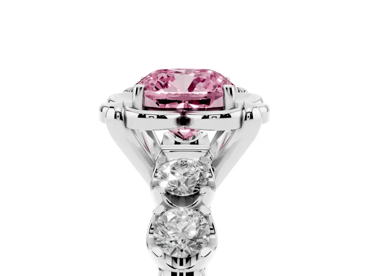 Fancy Pink Cushion Cut Cut Diamond Floral Halo Engagement Ring with Shared Prong Setting Silver
