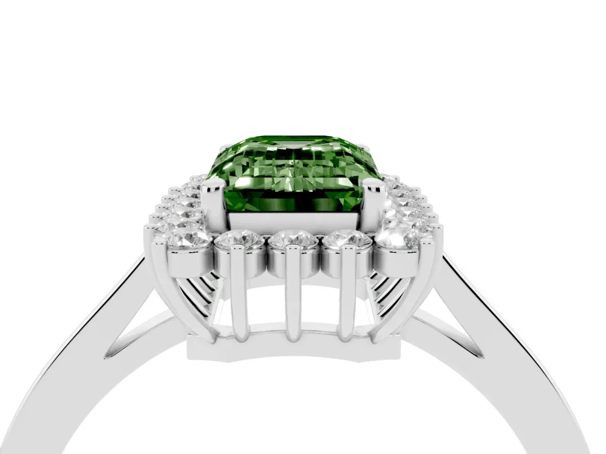 Fancy Green Emerald Cut Cut Diamond Halo Ring with Round Brilliant Halo and Solitaire Band White gold