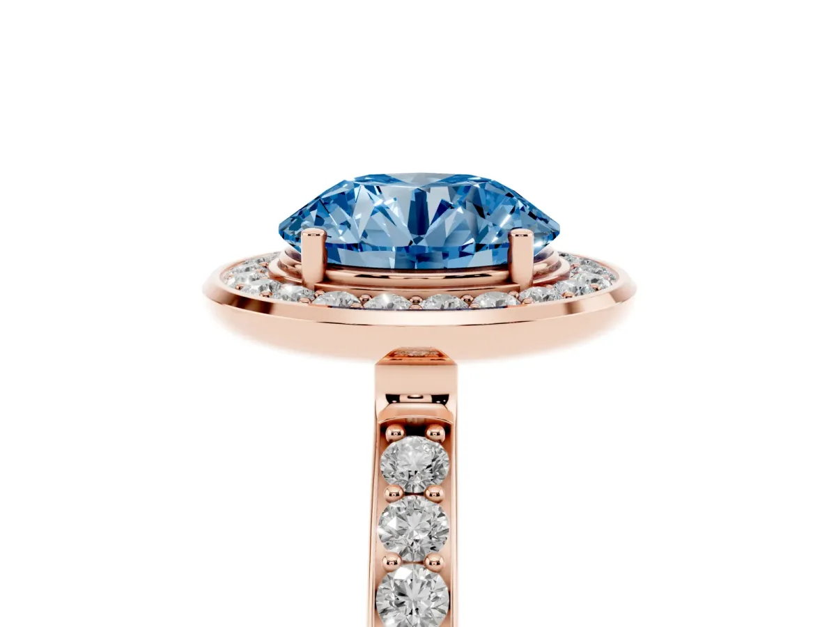 Fancy Blue Round Cut Diamond Halo Ring with Bezel Frame and Pavé Band Rose gold