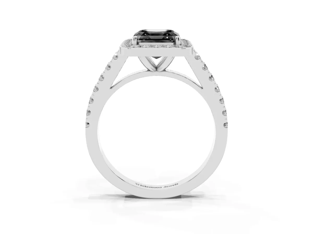 Fancy Black Asscher Cut Diamond Halo Ring with Round Pavé Split Shank and Prong Setting Silver