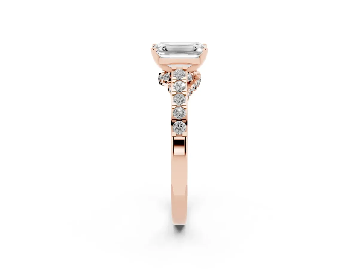 Emerald Cut Diamond Solitaire Ring with Crossover Gallery and Round Pavé Band Rose gold