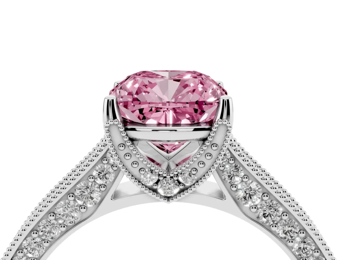 Fancy Pink Cushion Cut Cut Diamond Solitaire Ring with Milgrain Pave Band and Four Prong Setting Platinum