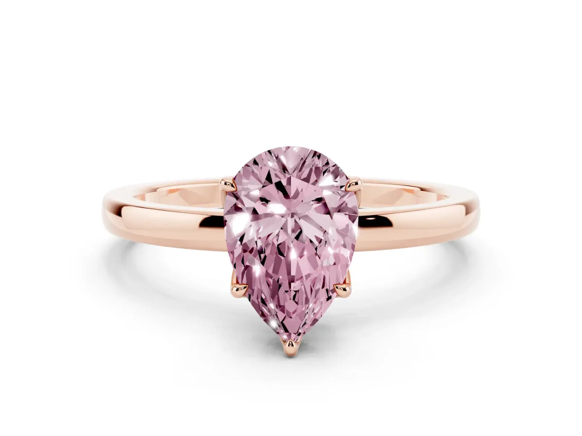 Fancy Pink Pear Cut Diamond Solitaire Ring with Thin Band and Prong Setting Rose gold
