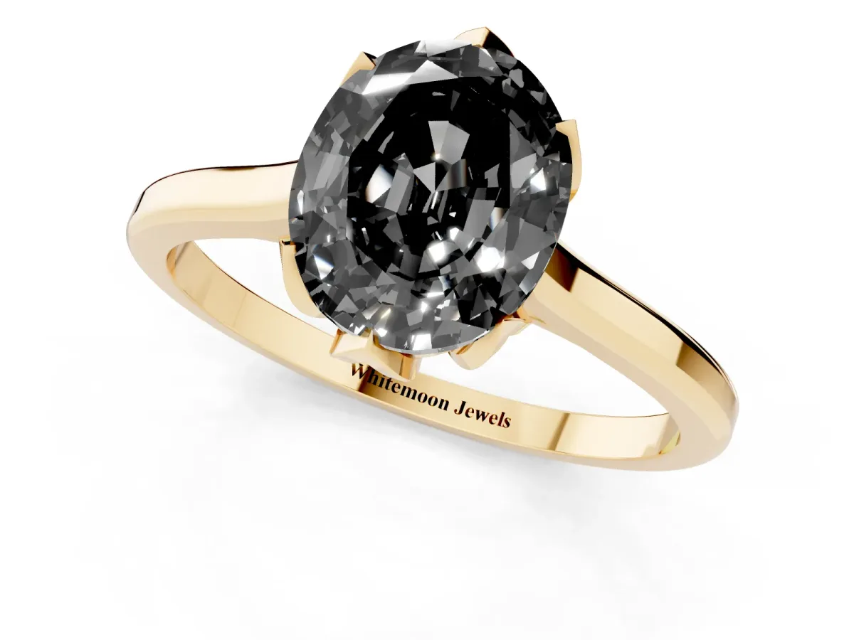 Fancy Black Oval Cut Diamond Solitaire Ring with Flower Prong Setting and Classic Band Yellow gold