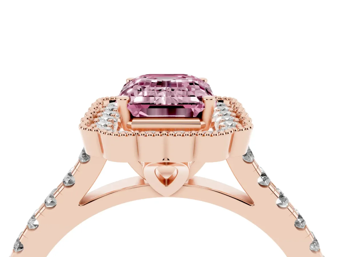 Fancy Pink Emerald Cut Cut Diamond Milgrain Floral Halo Engagement Ring with Pavé Band Rose gold