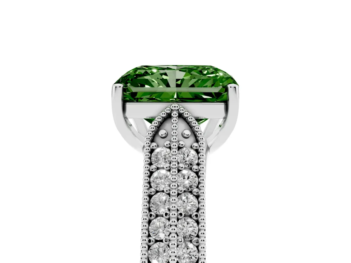 Fancy Green Radiant Cut Cut Pave Split Shank Engagement Ring with Four-Prong Setting Silver