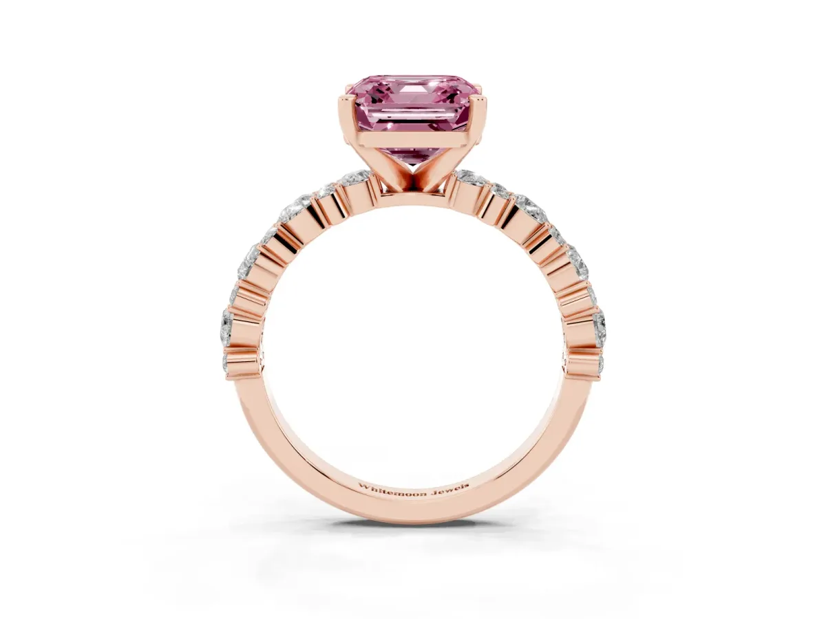 Fancy Pink Asscher Cut Diamond Side Stone Solitaire Ring with Round and Four-Prong Setting Rose gold