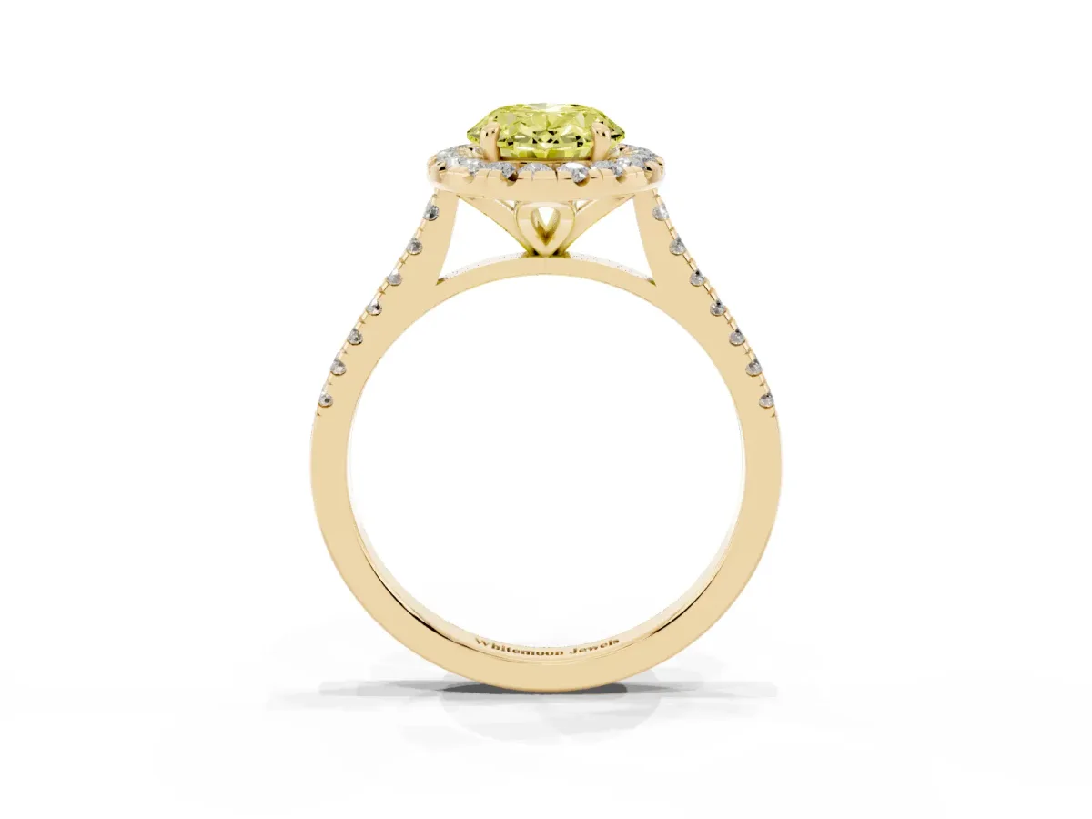 Fancy Yellow Oval Cut Diamond Cushion Halo Ring with Pavé Band Yellow gold