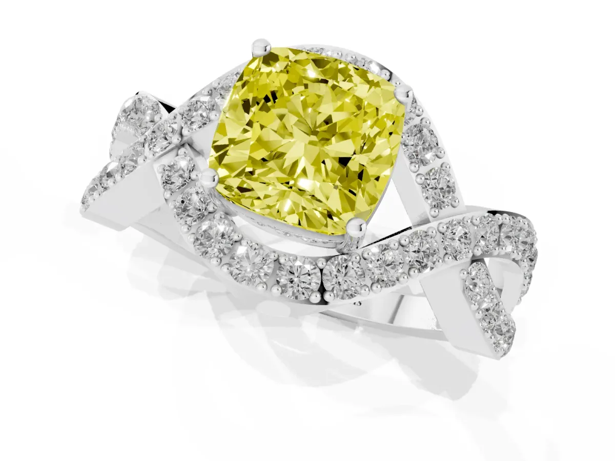 Fancy Yellow Cushion Cut Solitaire Twist Band Pavé Diamond Engagement Ring Silver