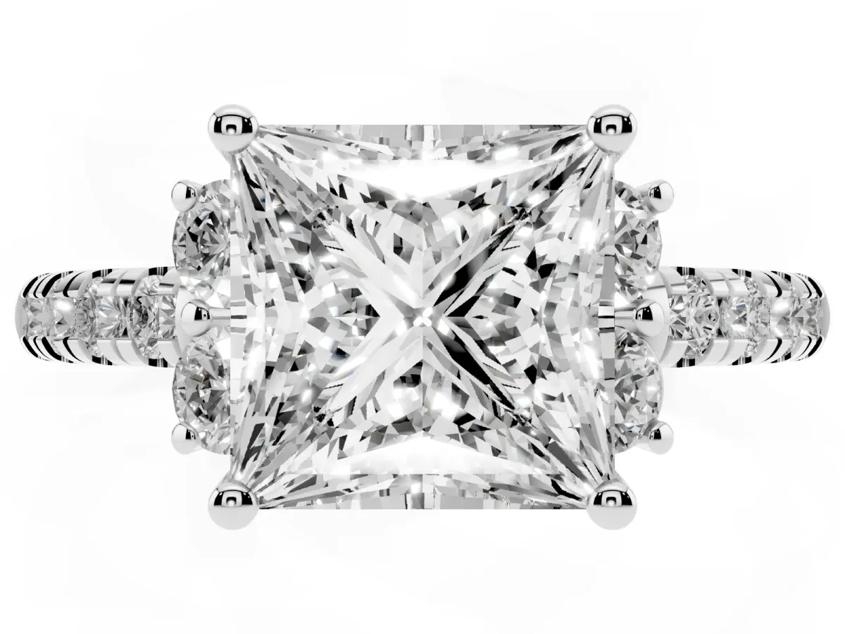 Princess Cut Diamond Three-Stone Pave Band with Four-Prong Setting Silver