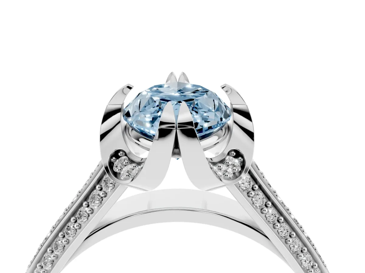 Fancy Blue Marquise Cut Solitaire Pave Split Shank Ring with Four-Prong Setting White gold