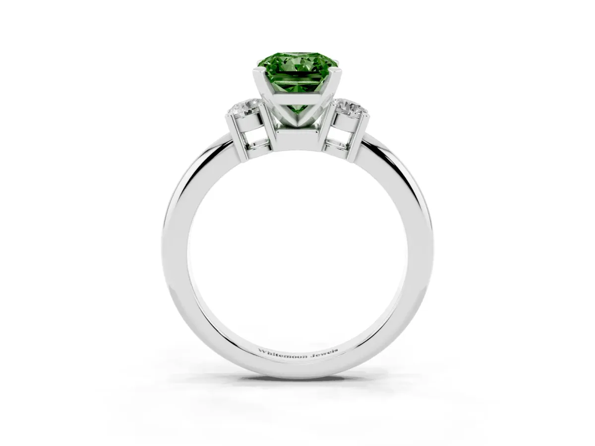 Fancy Green Three-Stone Radiant Cut Cut Diamond Solitaire with Prong Setting and Classic Band Platinum