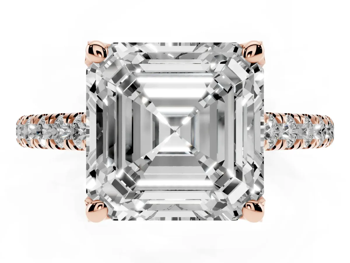 Asscher Cut Brilliant Diamond Solitaire with Pavé Band and Four-Prong Setting Rose gold