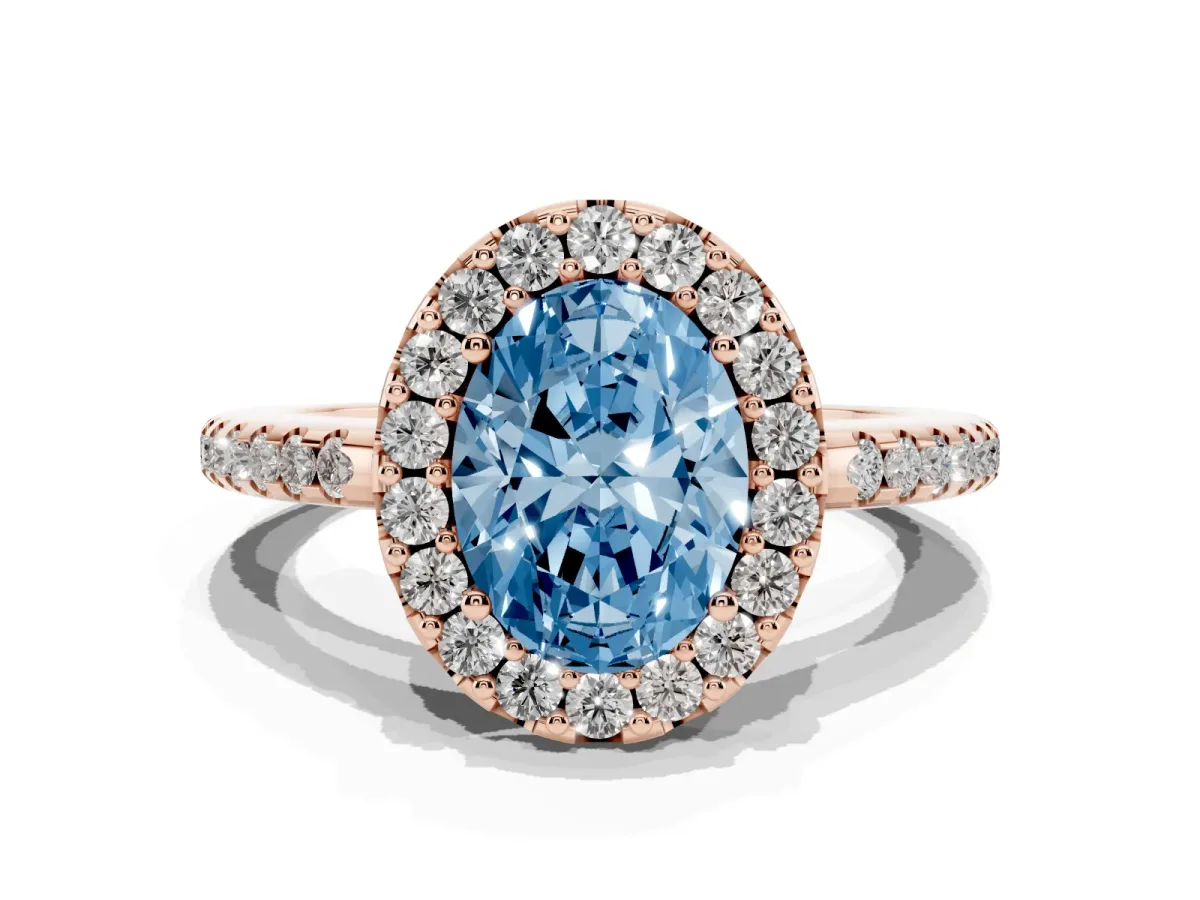 Fancy Blue Oval Cut Diamond Pavé Halo Ring with Four-Prong Setting Rose gold