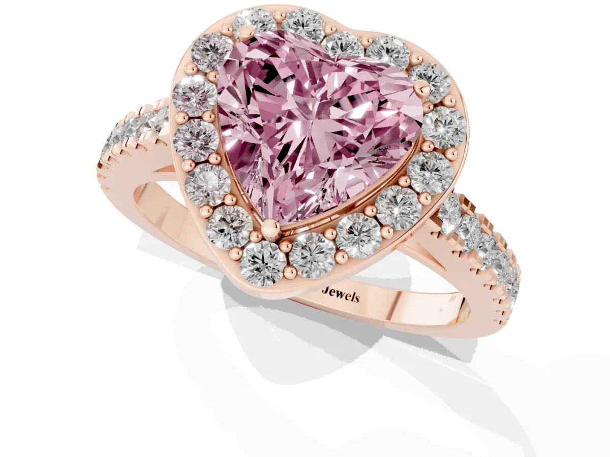 Fancy Pink Heart Cut Diamond Halo Ring with Round Pavé Split Shank and Prong Setting Rose gold