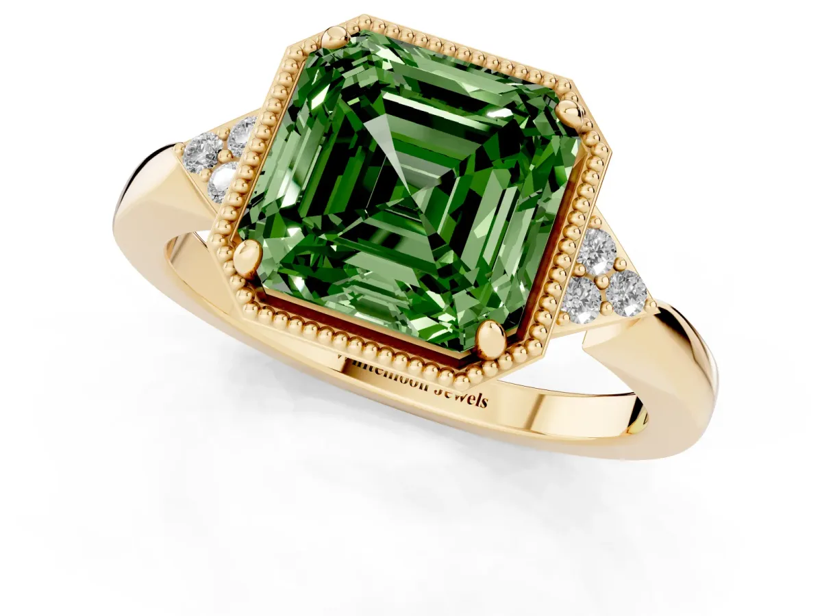 Fancy Green Hexagonal Halo Asscher Cut Diamond Solitaire with Pavé Band and Four-Prong Setting Yellow gold