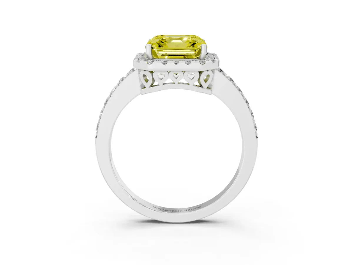 Fancy Yellow Asscher Cut Halo Diamond Pavé Band Ring with Prong Setting Silver