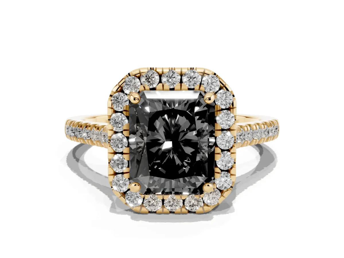 Fancy Black Radiant Cut Diamond Cushion Halo Ring with Pavé Band Yellow gold