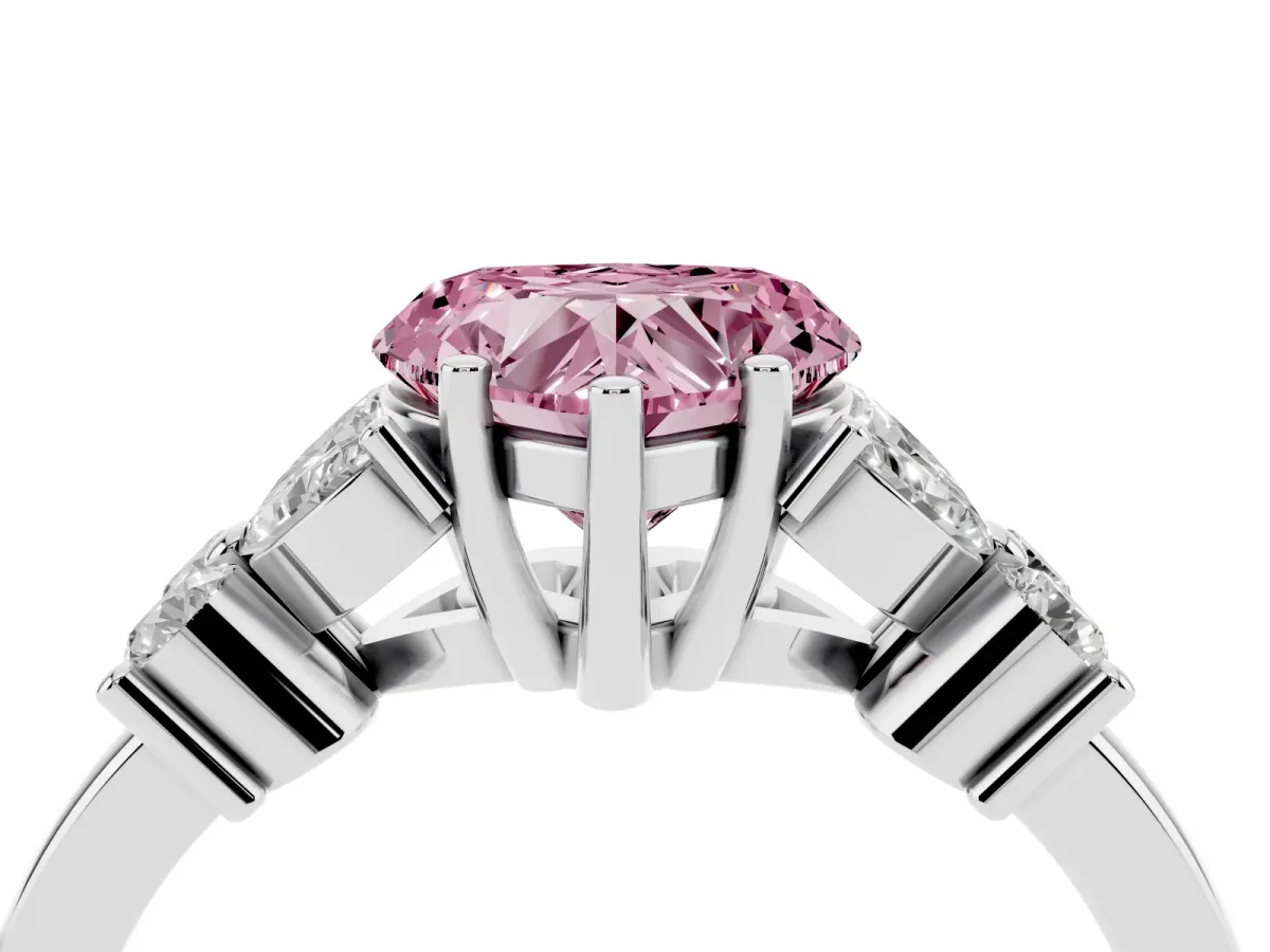 Fancy Pink Heart Cut Diamond Floral Cluster Ring with Solitaire Band and Prong Setting Platinum