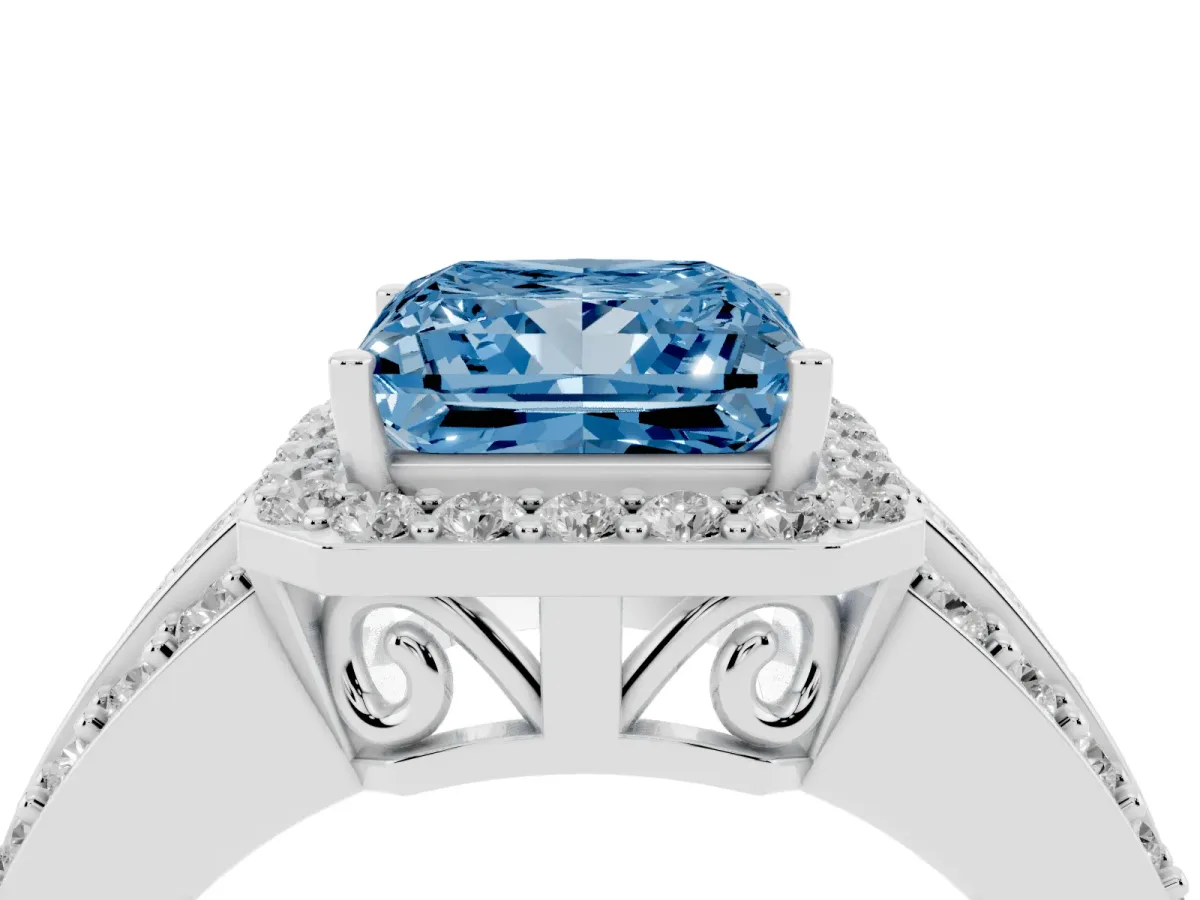 Fancy Blue Princess Cut Halo Diamond Ring with Round Split Shank and Prong Setting Silver