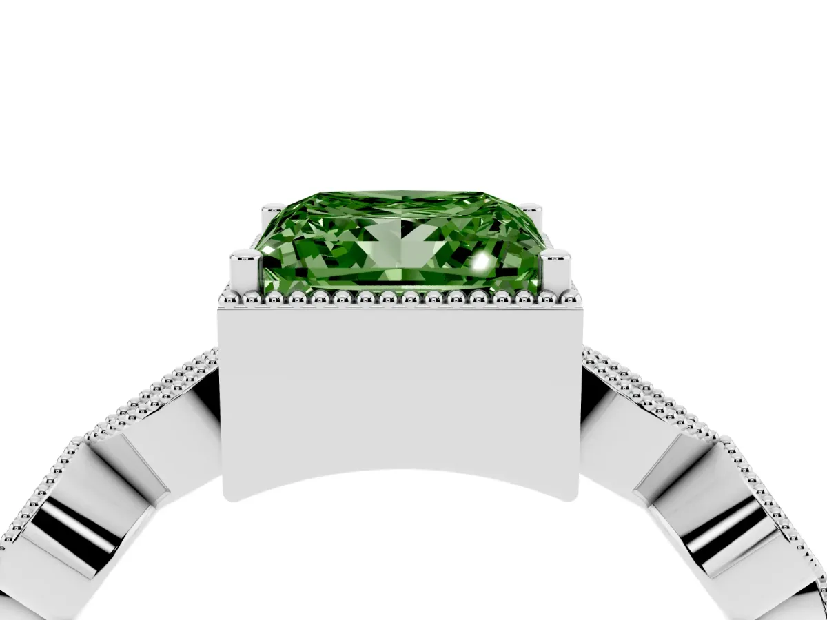 Fancy Green Princess Cut Diamond Vintage Milgrain Ring with Round Stations Silver