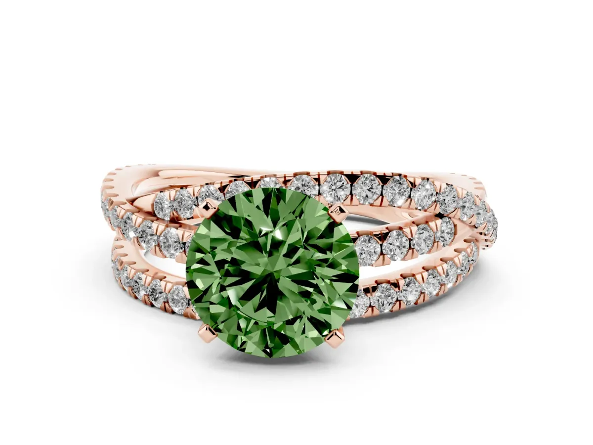 Fancy Green Round Cut Solitaire Twist Band with Pavé Setting and Four-Prong Setting Rose gold