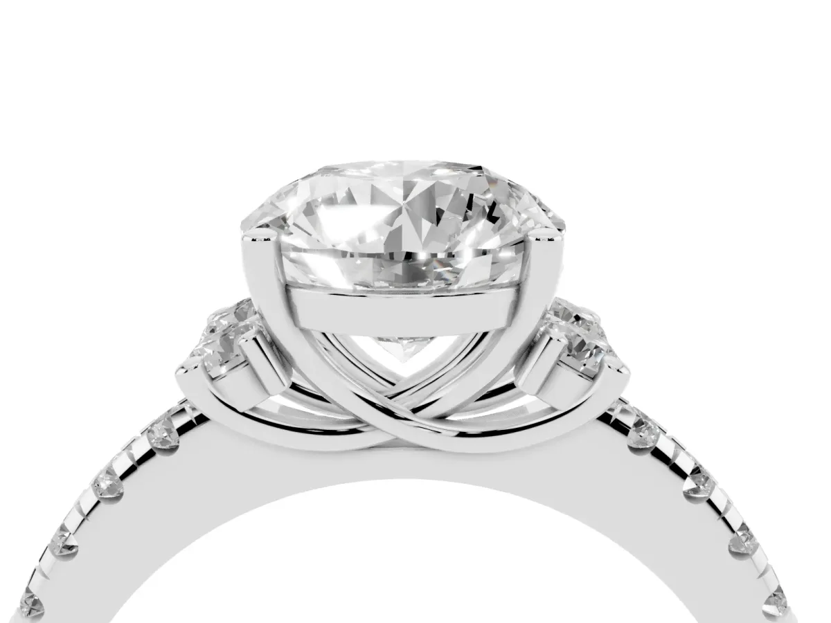 Round Cut Diamond Three-Stone Pave Band with Four-Prong Setting Silver