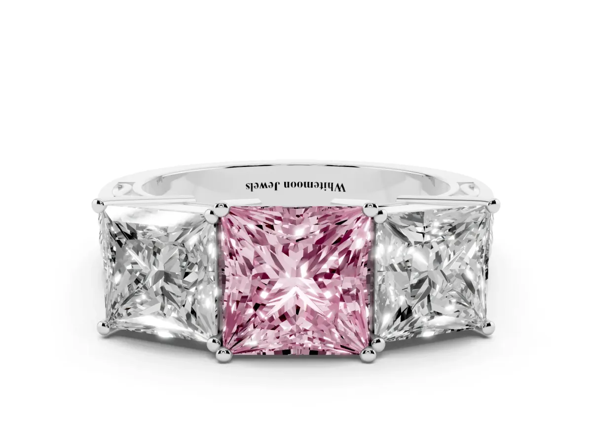 Fancy Pink Princess Cut Diamond Three-Stone Ring with Prong Setting and Textured Band Platinum