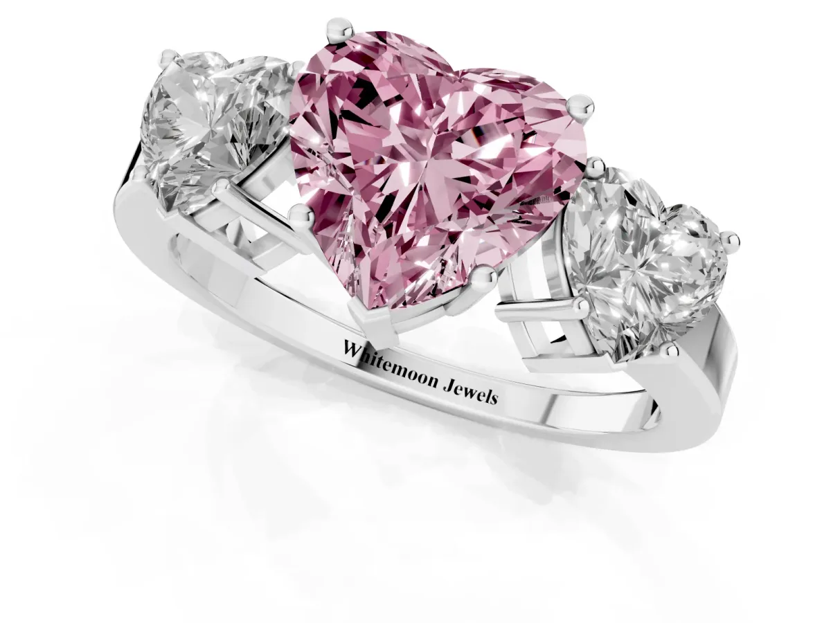 Fancy Pink Three-Stone Heart Cut Cut Diamond Engagement Ring with Flat Band and Four-Prong Setting Silver