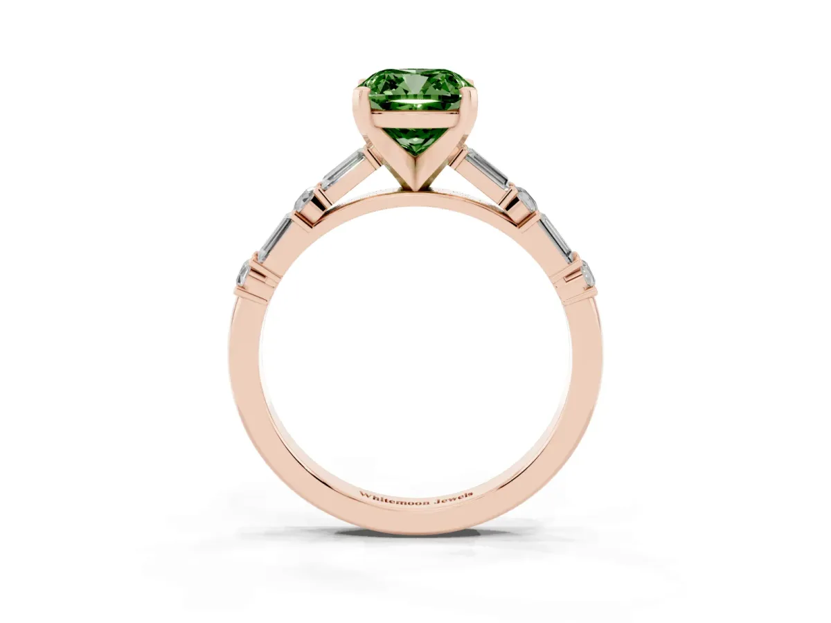 Fancy Green Cushion Cut Diamond Solitaire with Side Baguettes and Channel Set Band Rose gold