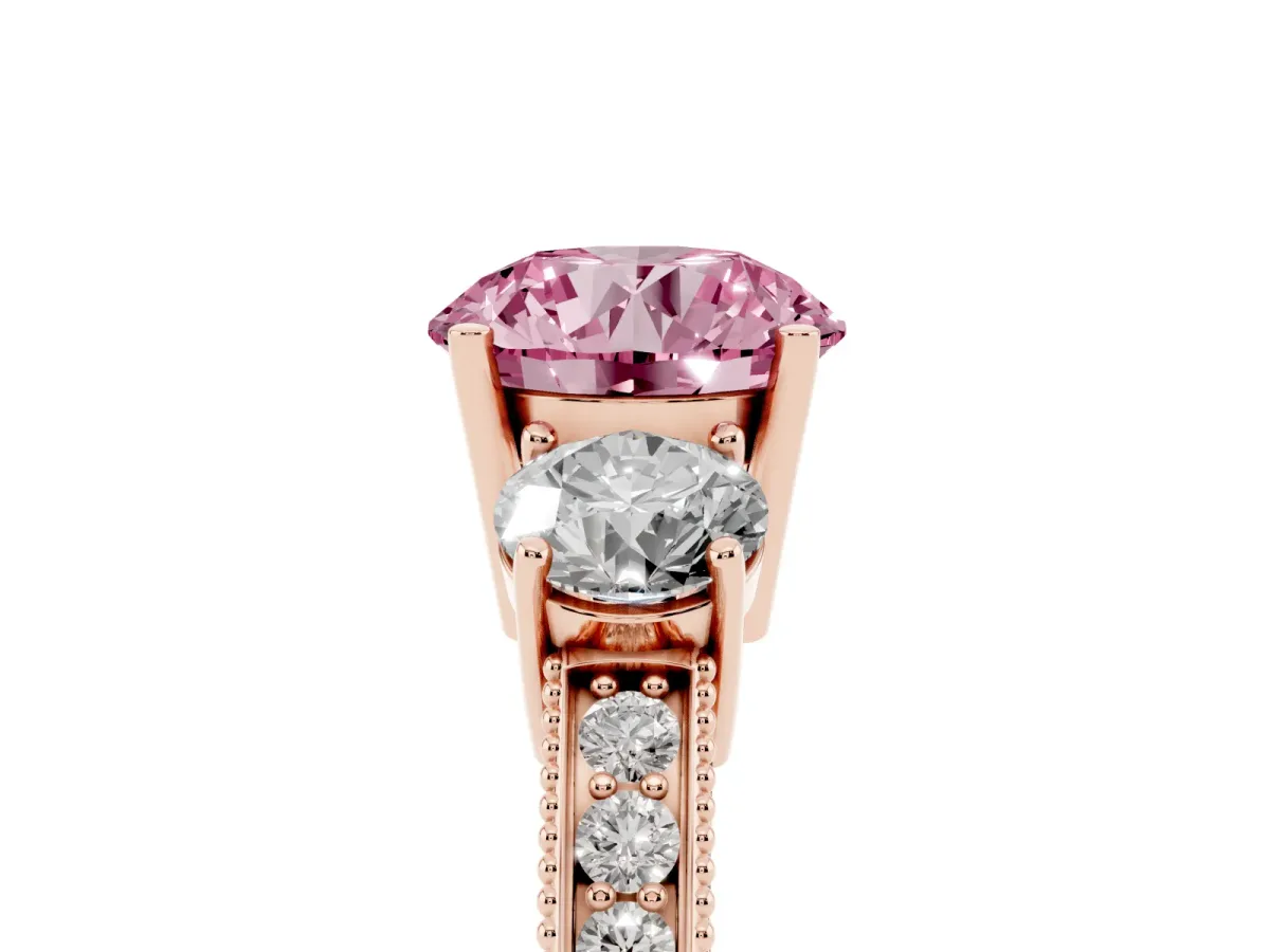 Fancy Pink Round Cut Three-Stone Diamond Ring with Pavé Band and Four-Prong Setting Rose gold