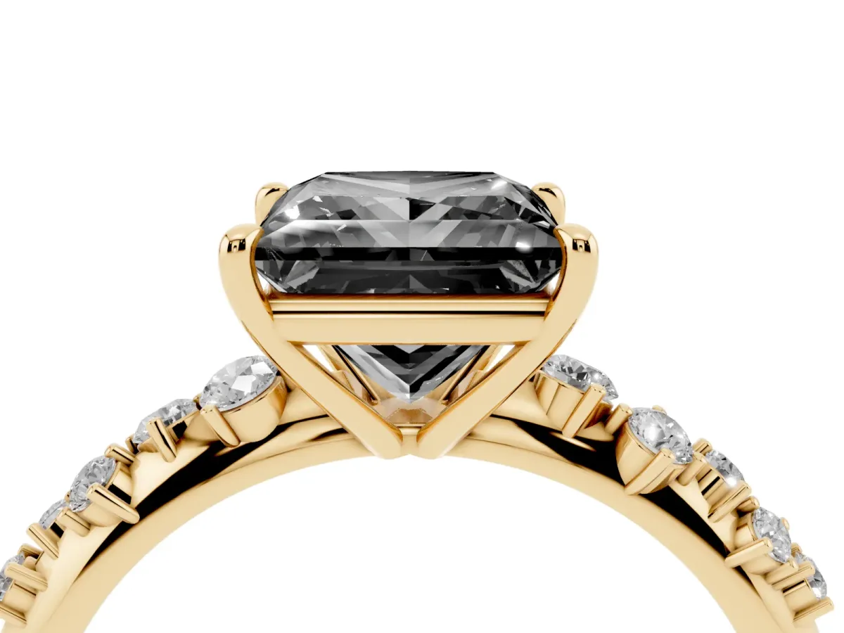 Fancy Black Princess Cut Diamond Cluster Side Stone Solitaire Ring with Prong Setting Yellow gold