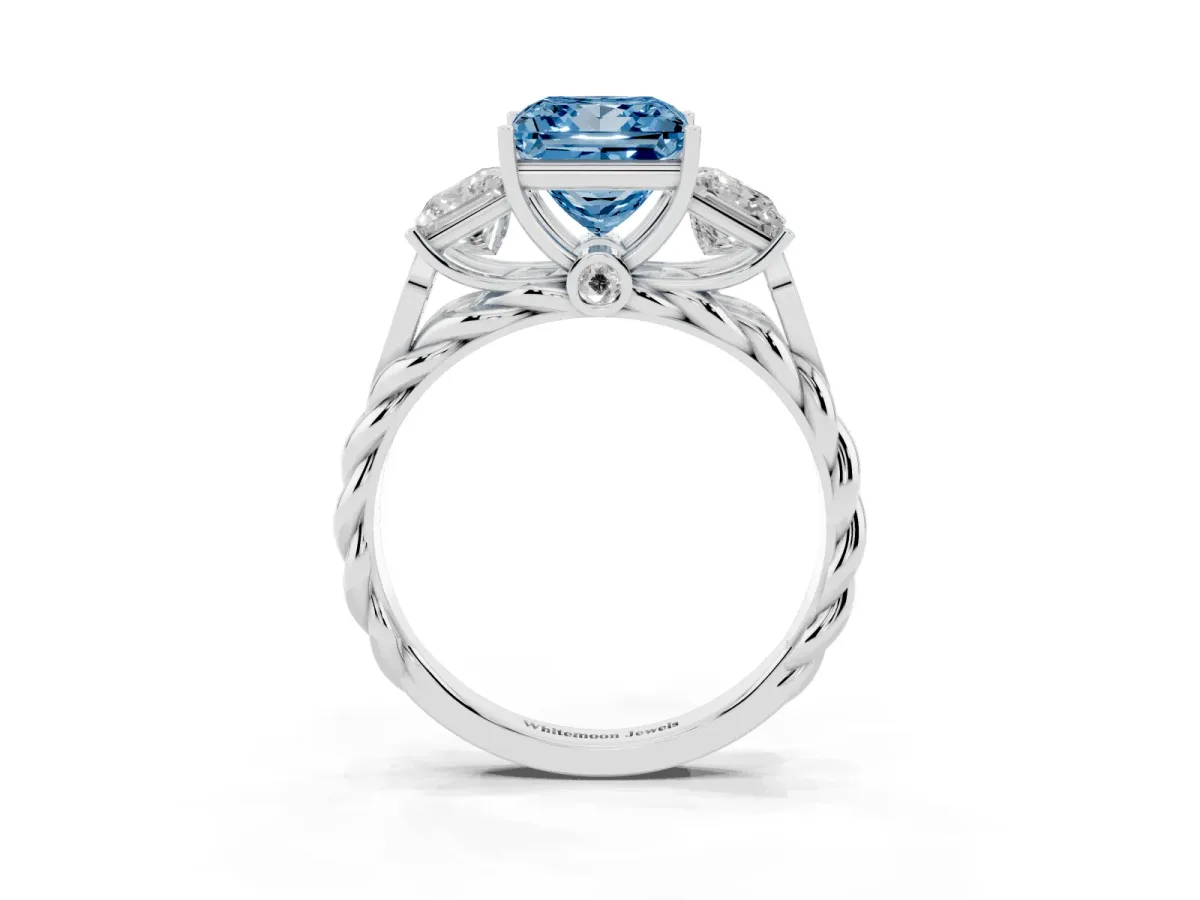 Fancy Blue Three-Stone Princess Cut Diamond Braided Band Ring with Four-Prong Setting Platinum