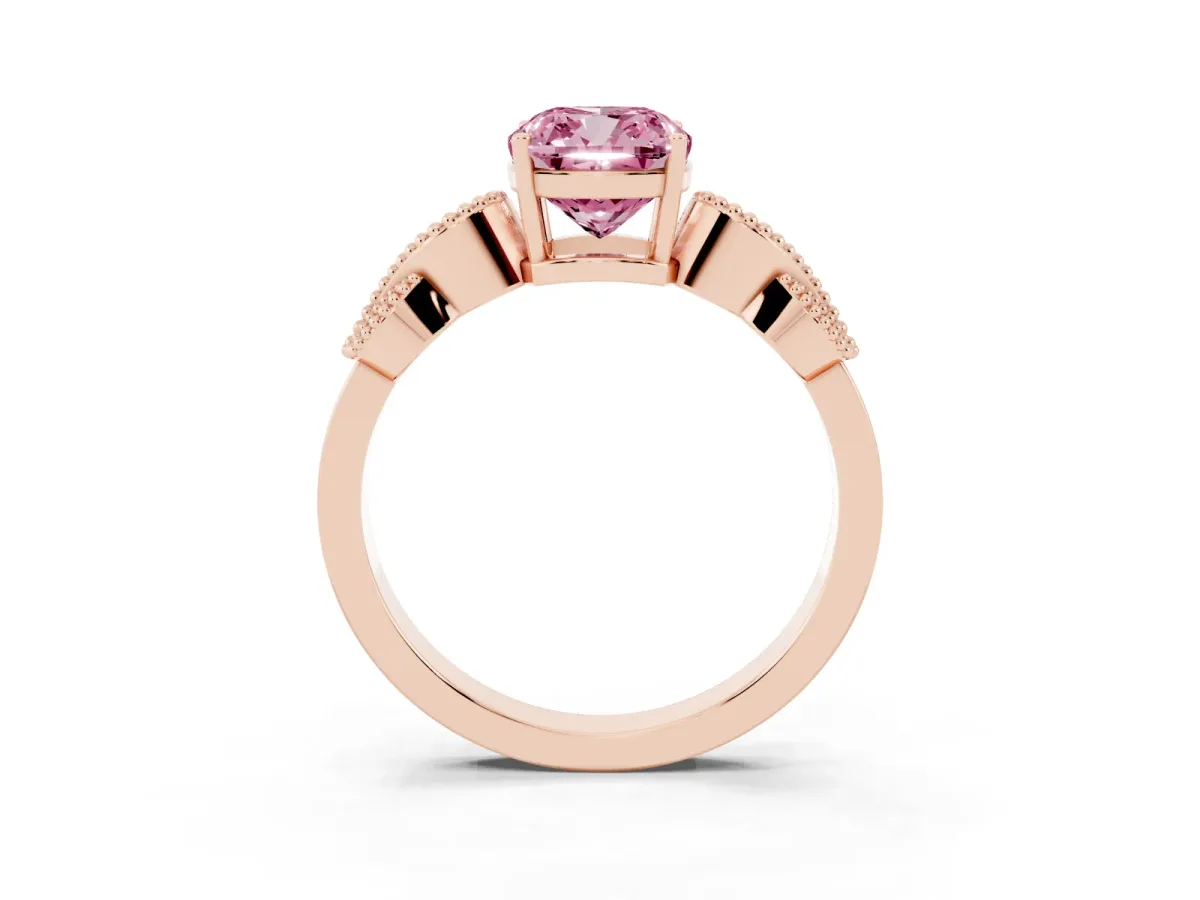 Fancy Pink Cushion Cut Solitaire Milgrain Leaf Band with Prong Setting Rose gold