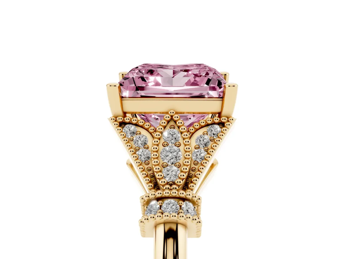 Fancy Pink Princess Cut Diamond Solitaire Ring with Floral Filigree and Pave Accents Yellow gold
