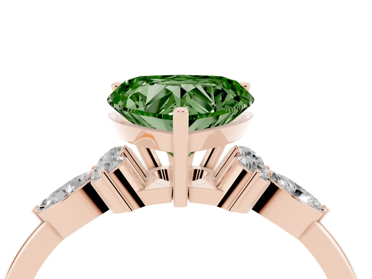 Fancy Green Heart Cut Brilliant Diamond Solitaire Ring with Pear Side Stones and Four-Prong Setting Rose gold