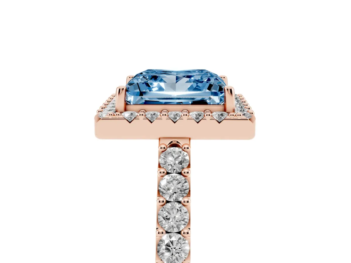 Fancy Blue Princess Cut Halo Diamond Pavé Solitaire Ring Rose gold