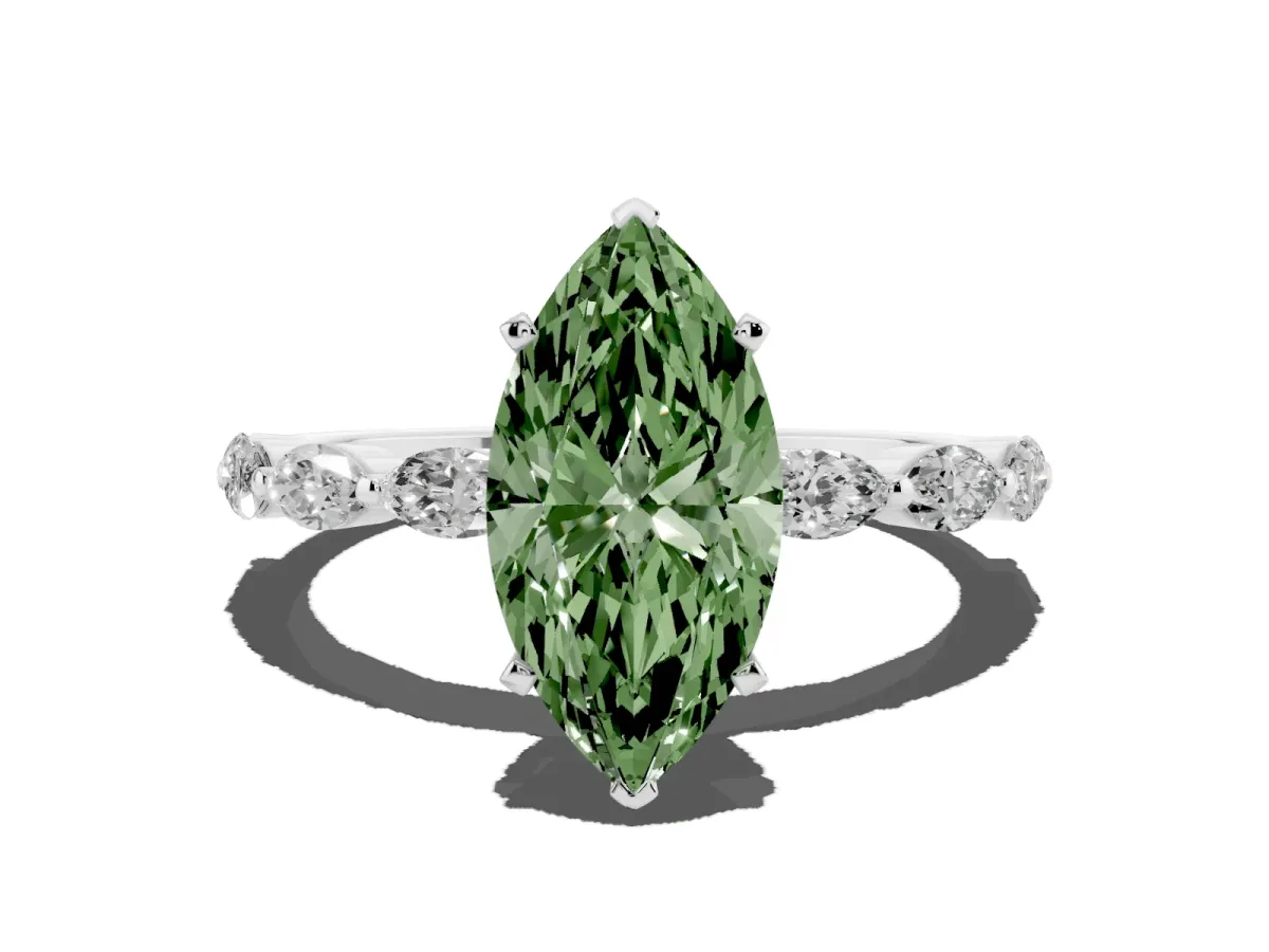 Fancy Green Marquise Cut Diamond Ring with Marquise Side Stones and Prong Setting Platinum