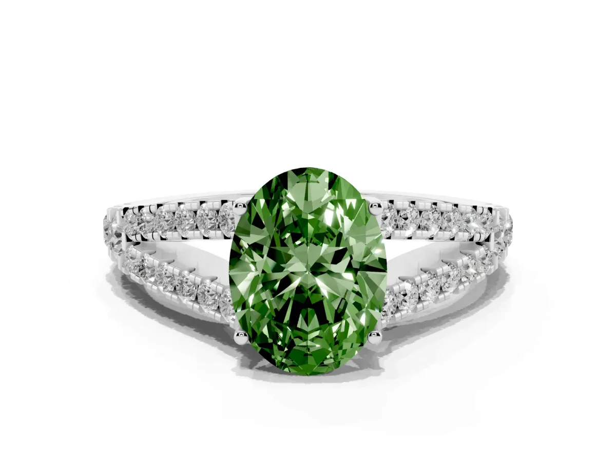 Fancy Green Oval Cut Diamond Split Shank Engagement Ring with Round Pavé and Prong Setting Platinum