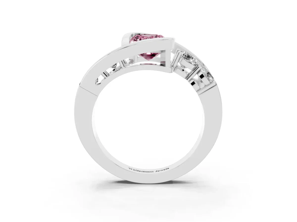 Fancy Pink Bezel Set Emerald Cut Diamond Bypass Ring with Round Accents Platinum
