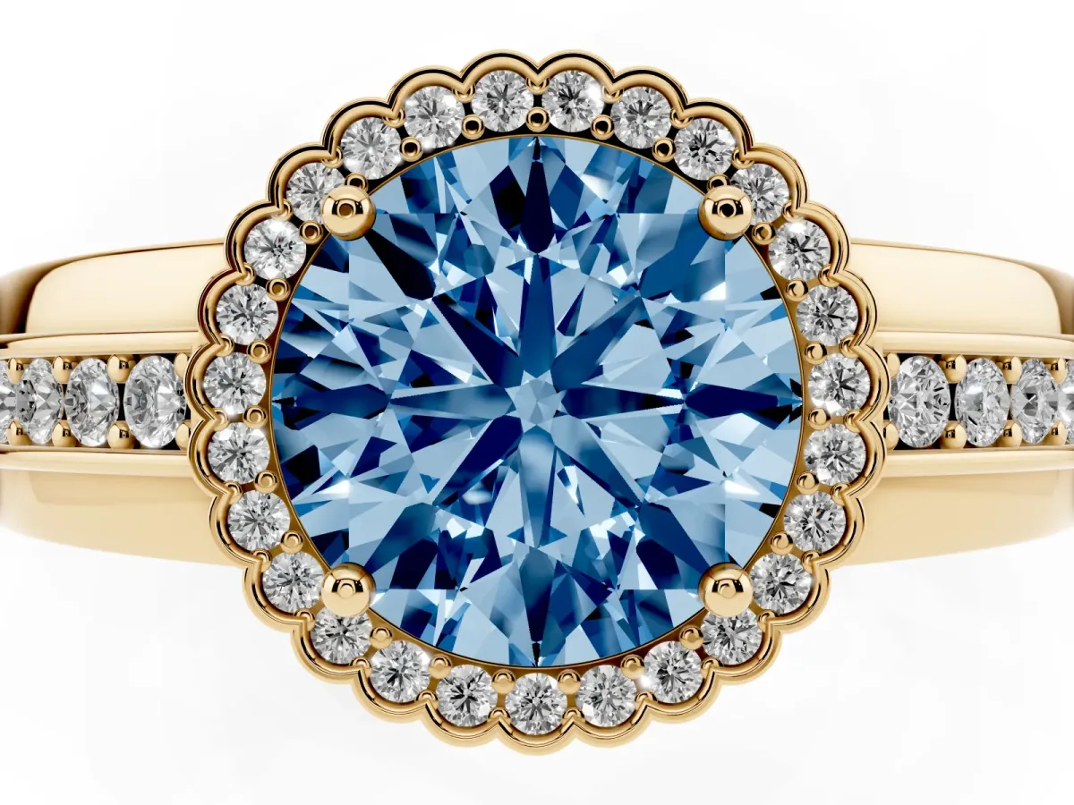Fancy Blue Round Cut Cut Halo Pave Band Four-Prong Ring Yellow gold
