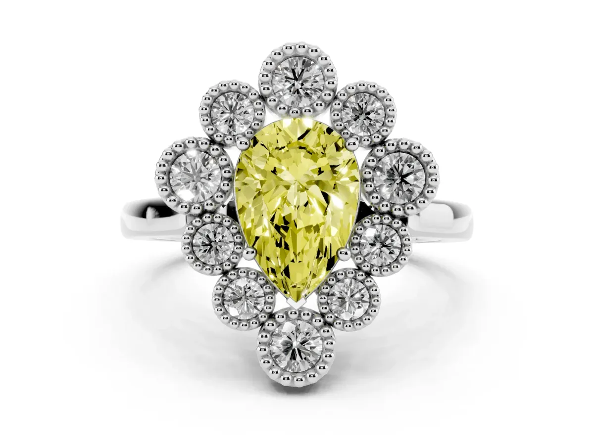 Fancy Yellow Pear Cut Halo Diamond Cluster Engagement Ring with Milgrain Bezel Setting and Solitaire Band Platinum