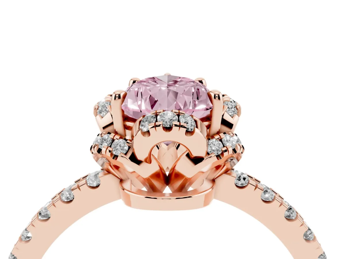 Fancy Pink Pear Cut Halo Diamond Pave Band Ring with Four-Prong Setting Rose gold