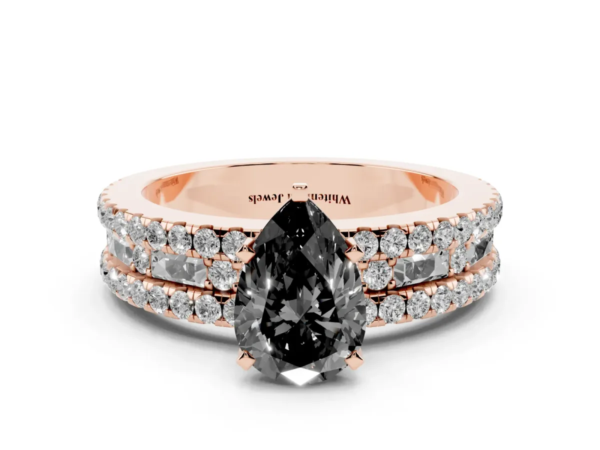 Fancy Black Pear Cut Diamond Solitaire Ring with Pavé and Channel Set Band Rose gold