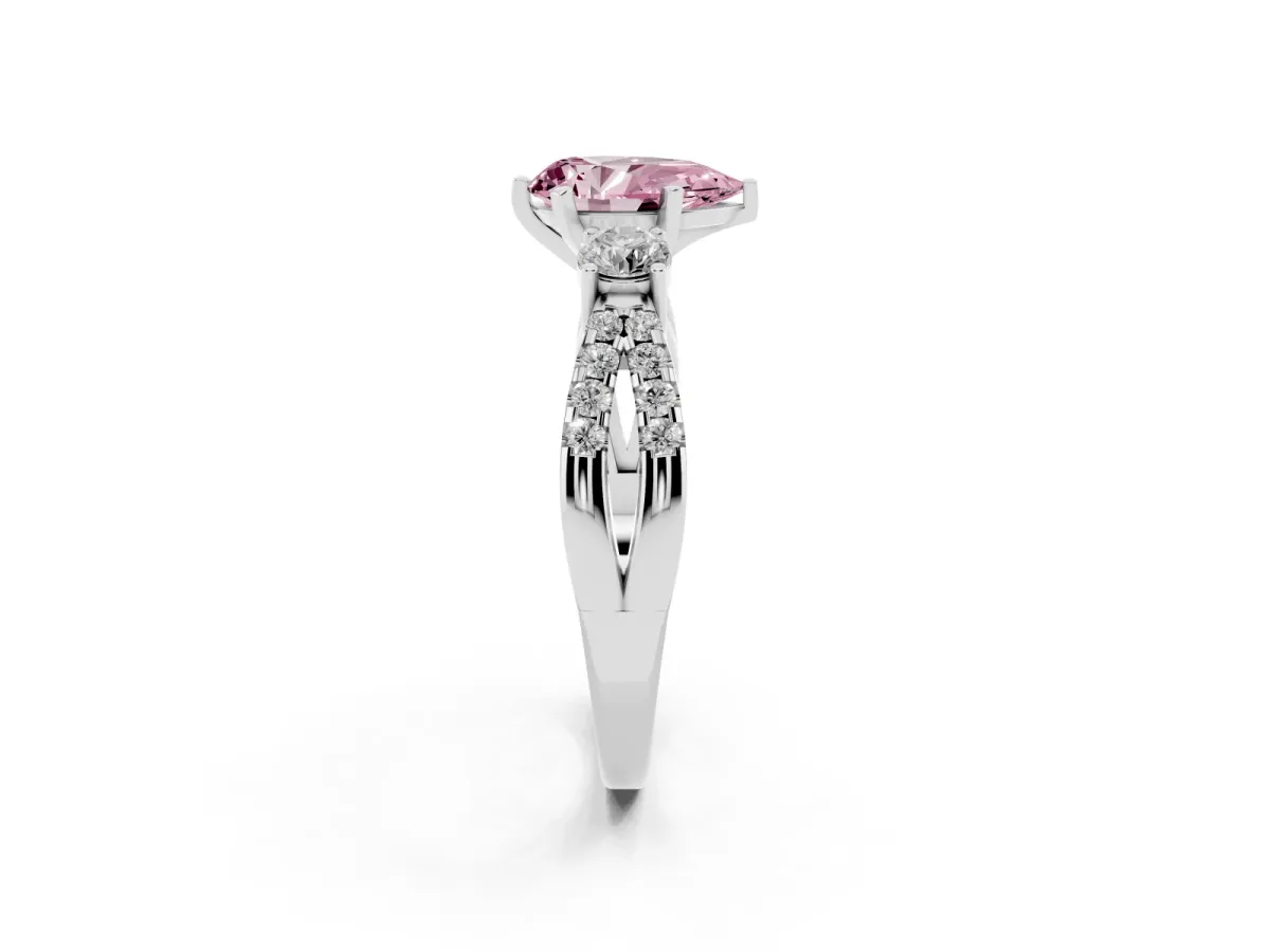 Fancy Pink Pear Cut Diamond Three-Stone Ring with Pavé Split Shank and Four-Prong Setting Silver